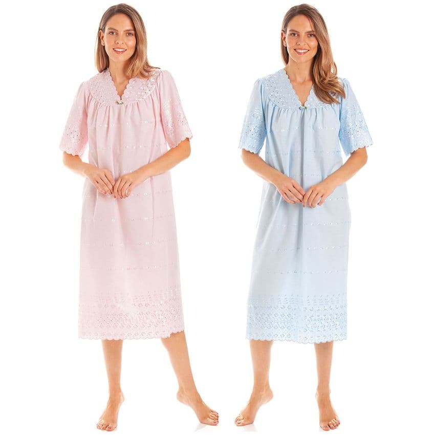 V NECK NIGHTDRESS EMBROIDERY ANGLAISE CLASSIC NIGHTIE BELOW KNEE & 2 COLOURS
